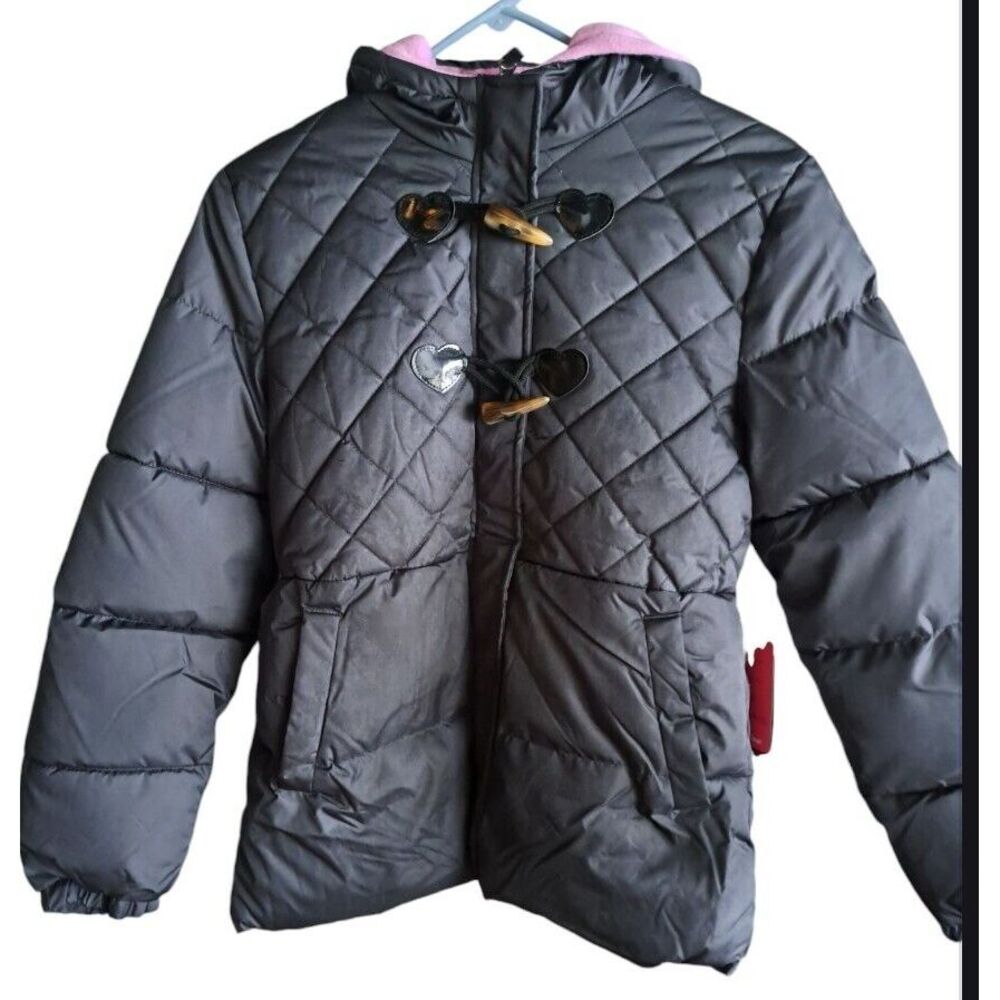 Pink Platinum Girls Black Winter  Jacket Puffer Hood Fleece Size 14/16 Nwt